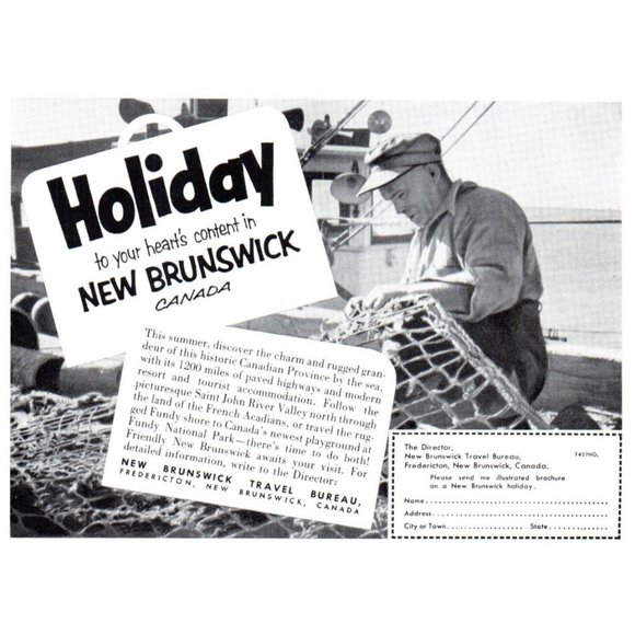 1953 New Brunswick Vacation Travel Vintage Print Ad Fisherman Net Ocean Wall Art - Picture 1 of 2